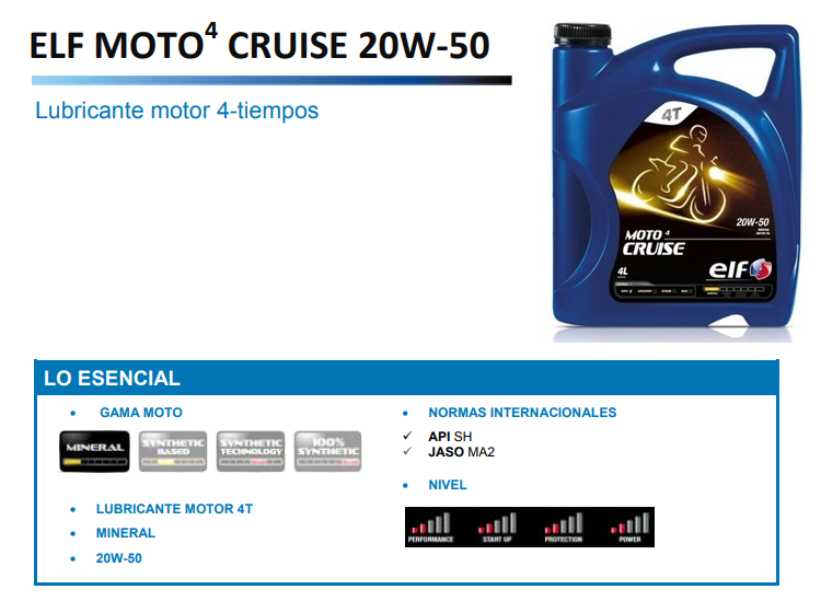 ACEITE ELF MOTO 4 CRUISE 20W50 4L.